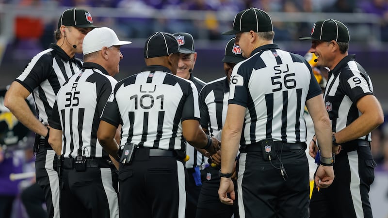 MINNEAPOLIS, MN - JANUARY 04: The Referees huddle during the first half of the NFL game between the Green Bay Packers and Minnesota Vikings on January 4th, 2026, at U.S. Bank Stadium in Minneapolis, MN. (Photo by Bailey Hillesheim/Icon Sportswire via Getty Images)