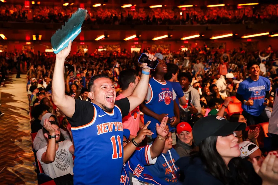 Fans during a watch party for game 4 of the Eastern Conference Finals between the New York Knicks and Cleveland Cavaliers at Radio City Music Hall on May 25, 2026 in New York City. Michael Nagle for NY Post