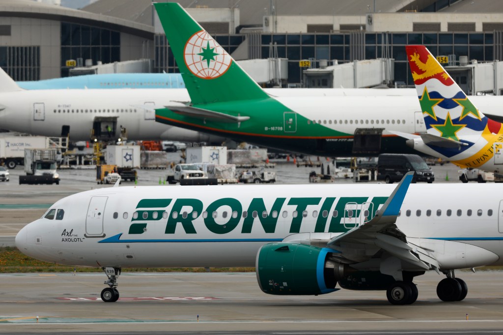 A Frontier Airlines Airbus A321 taxis at Los Angeles International Airport on March 30, 2025.
