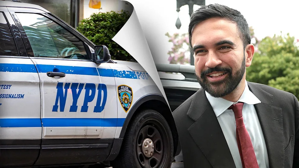Zohran Mamdani standing next to an image of a NYPD police car