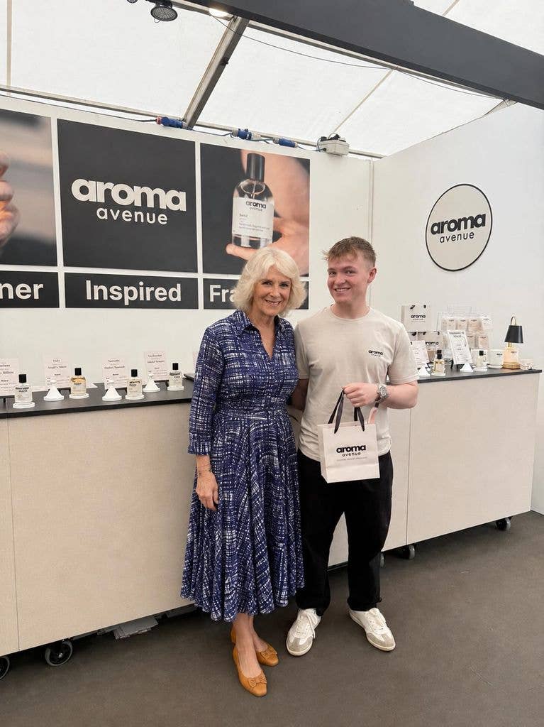 Queen Camilla at a fragrance stall at the Badminton Horse Trials 