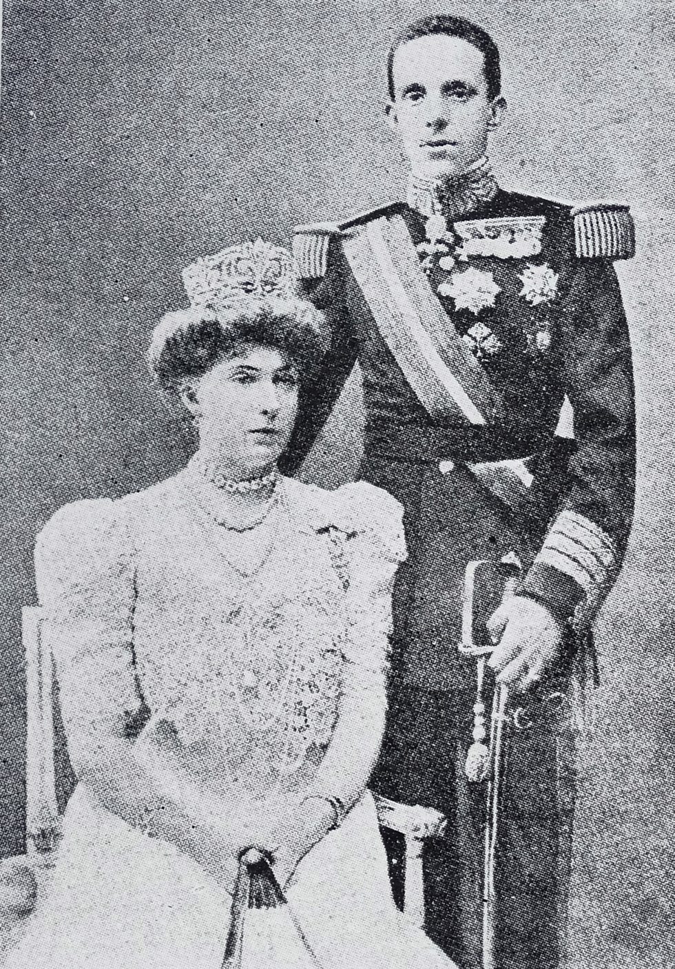 Don Alfonso XIII accompanied by Dona Victoria Eugenie Julia Ena of Battenberg