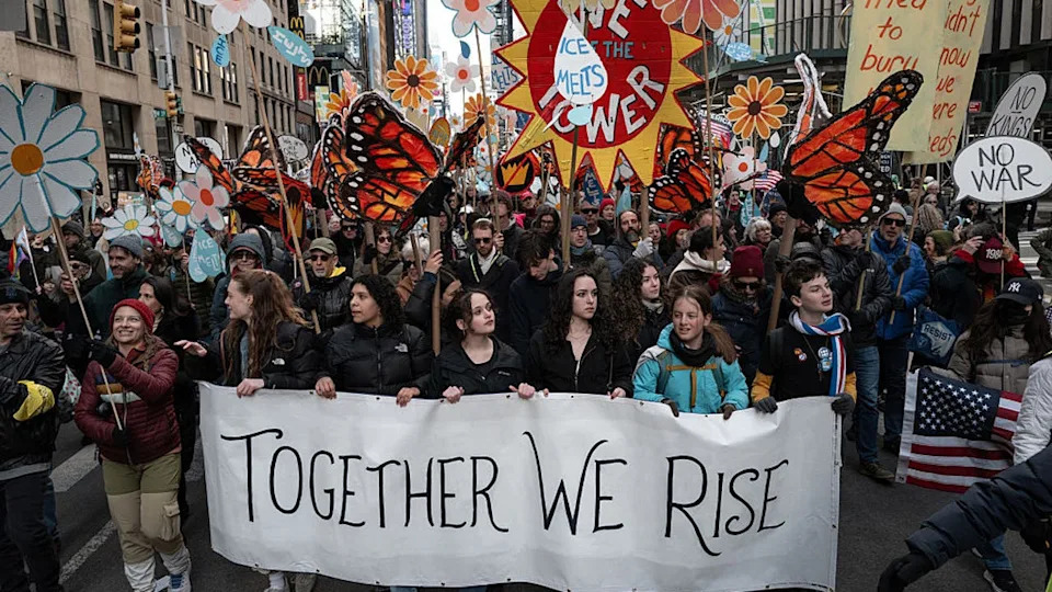 <div>Protesters participate in the ''No Kings'' national day of protest in New York, United States, on March 28, 2026. Nationwide demonstrations against US President Donald Trump are expected Saturday as people express opposition to his governance. It is the third time in less than a year that Americans will gather as part of a grassroots movement called ''No Kings,'' which has been a prominent platform for expressing dissent since Trump began his second term in January 2025. (Photo by Jerome Gilles/NurPhoto via Getty Images)</div>