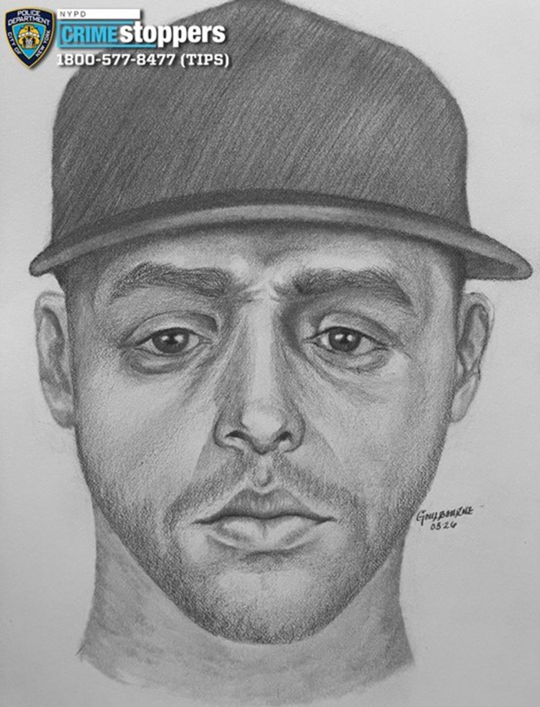 Illustration of a police composite sketch of a male suspect wearing a baseball cap.