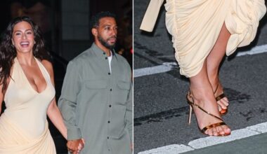 Ashley Graham wearing metallic gold Gianvito Rossi Manhattan Sandals at Jeff Bezos and Lauren Sánchez Bezos’ NoMad Met Gala pre-party alongside husband Justin Ervin on Saturday night.