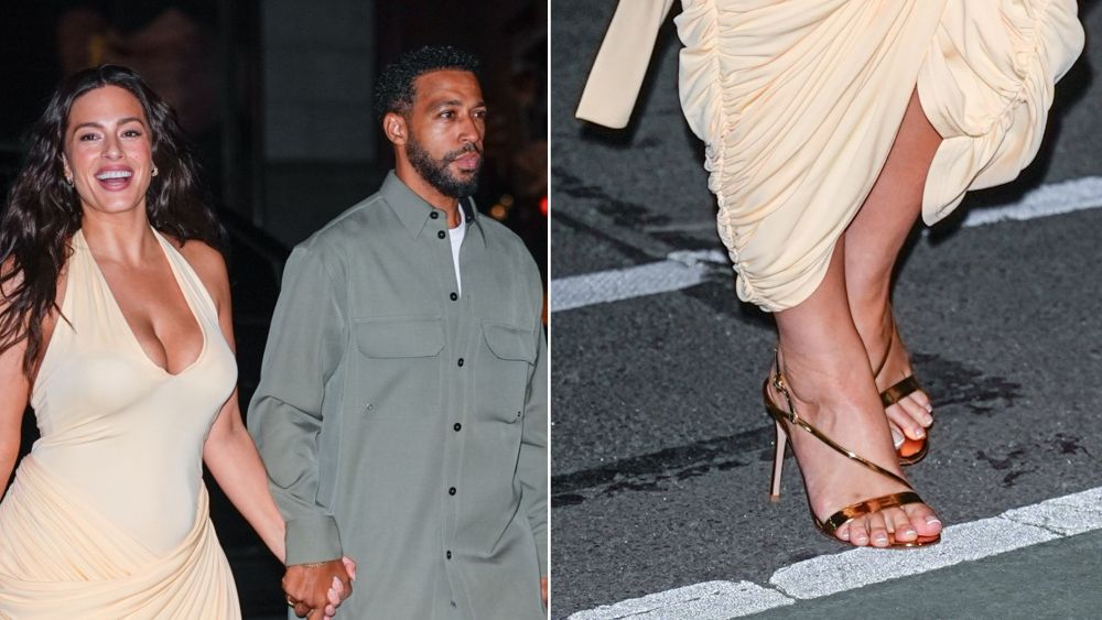 Ashley Graham wearing metallic gold Gianvito Rossi Manhattan Sandals at Jeff Bezos and Lauren Sánchez Bezos’ NoMad Met Gala pre-party alongside husband Justin Ervin on Saturday night.