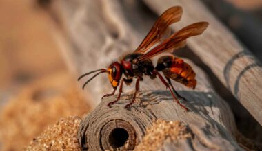 Asian hornet, Vespa velutina, standing on wood near a small opening.