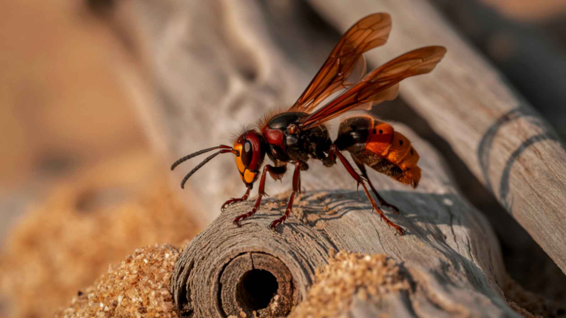 Asian hornet, Vespa velutina, standing on wood near a small opening.