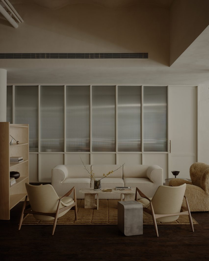 Interior of a neutral-toned furniture showroom