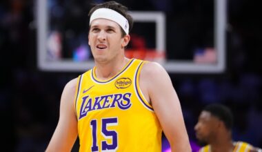 Austin Reaves #15 of the Los Angeles Lakers looks on during a game against the Miami Heat at Kaseya Center on March 19, 2026.
