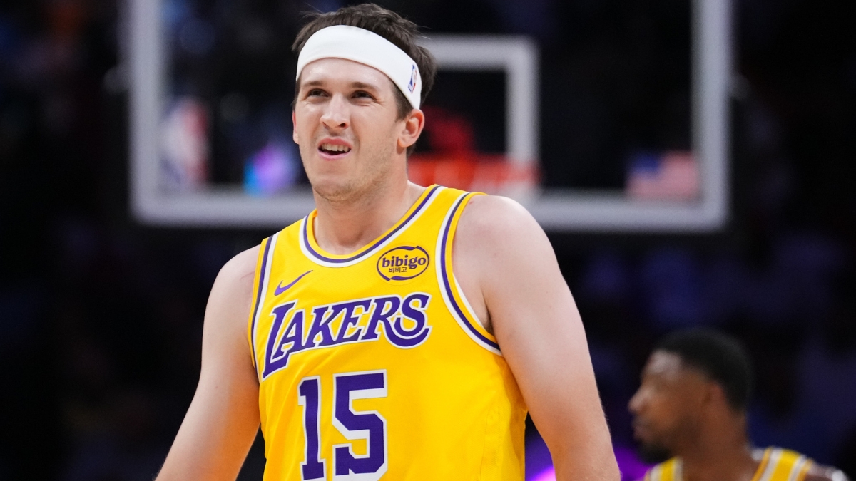 Austin Reaves #15 of the Los Angeles Lakers looks on during a game against the Miami Heat at Kaseya Center on March 19, 2026.
