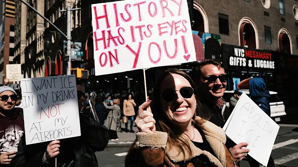 <div>Protesters participate in the ''No Kings'' national day of protest in New York, United States, on March 28, 2026. Nationwide demonstrations against US President Donald Trump are expected Saturday as people express opposition to his governance. It is the third time in less than a year that Americans will gather as part of a grassroots movement called ''No Kings,'' which has been a prominent platform for expressing dissent since Trump began his second term in January 2025. (Photo by Jerome Gilles/NurPhoto via Getty Images)</div>