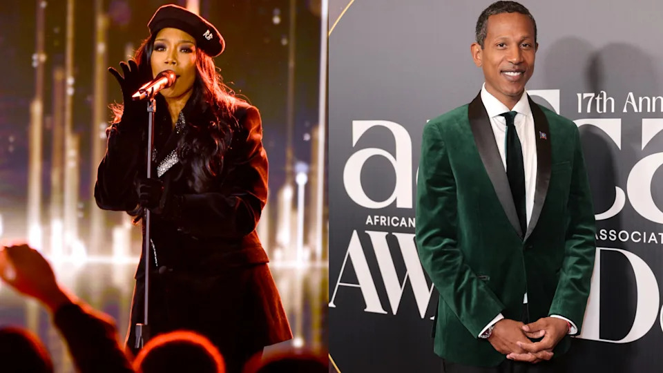 Brandy performing on stage with a microphone; Shyne in a green velvet suit at an awards event backdrop.