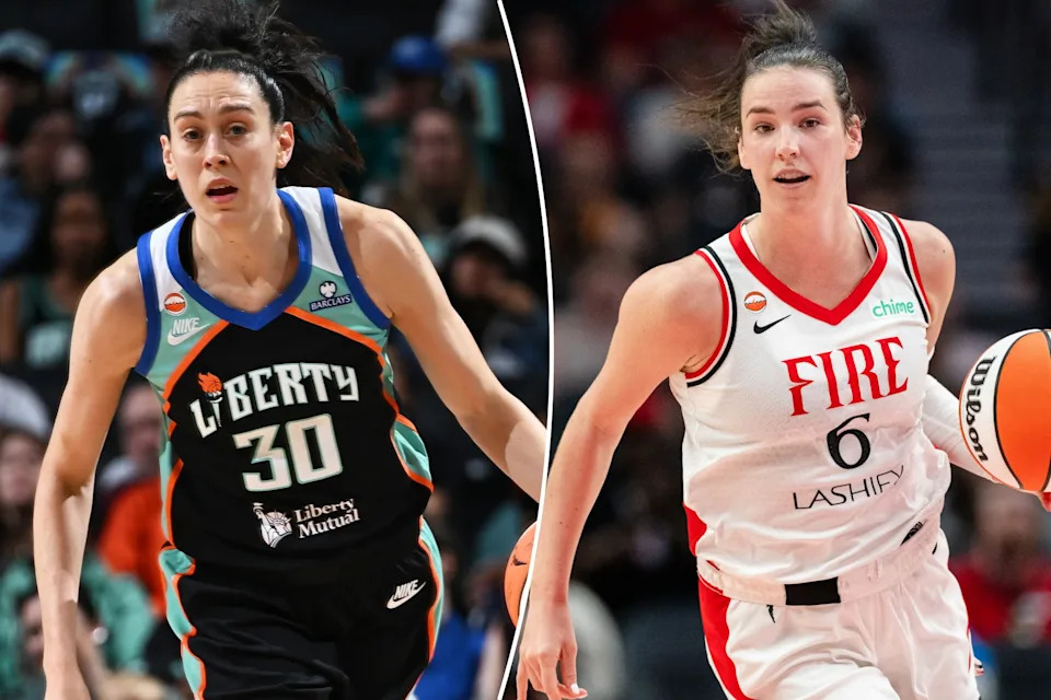 An image collage containing 2 images, Image 1 shows Breanna Stewart of the New York Liberty dribbles the ball during a basketball game, Image 2 shows PORTLAND, OREGON - MAY 12: Forward Bridget Carleton #6 of the Portland Fire dribbles the ball up court during the first half against the New York Liberty at Moda Center on May 12, 2026 in Portland, Oregon. NOTE TO USER: User expressly acknowledges and agrees that, by downloading and or using this photograph, User is consenting to the terms and conditions of the Getty Images License Agreement. (Photo by Ali Gradischer/Getty Images)