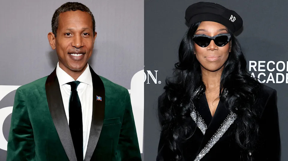 Shyne in a green velvet suit, Brandy in a black outfit with sunglasses and a beret.