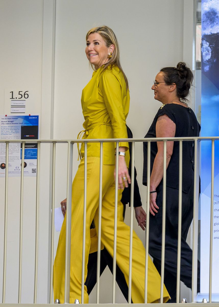 Queen Máxima completed the striking tonal look with matching pointed-toe heels and a coordinating handbag.