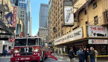 Firetrucks are parked outside of the Eugene O'Neill Theatre in New York on Monday, May 4, 2026. (AP Photo/David Martin)