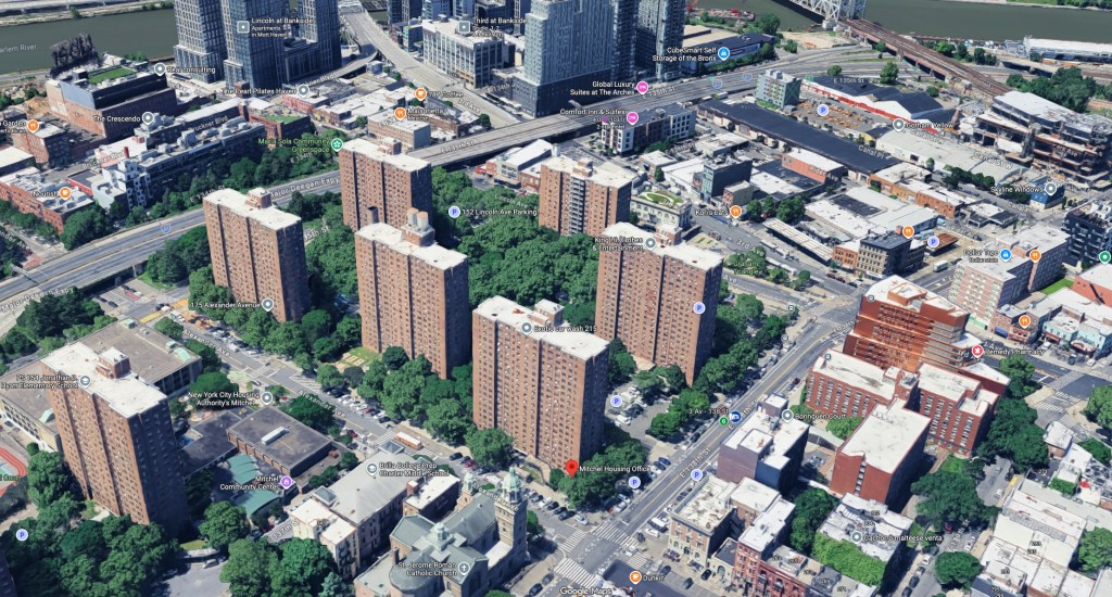 Overhead view of the Mitchel Housing Office and surrounding residential area in the Bronx.