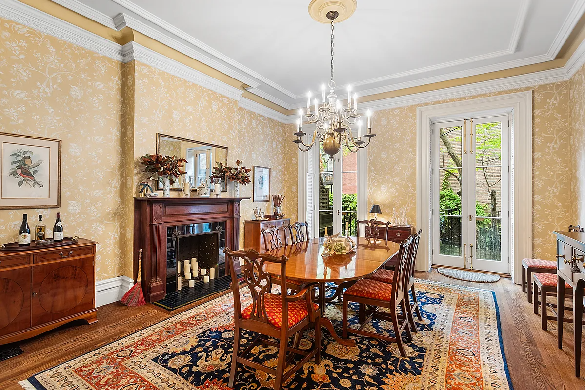 dining room with tall windows, wood floor