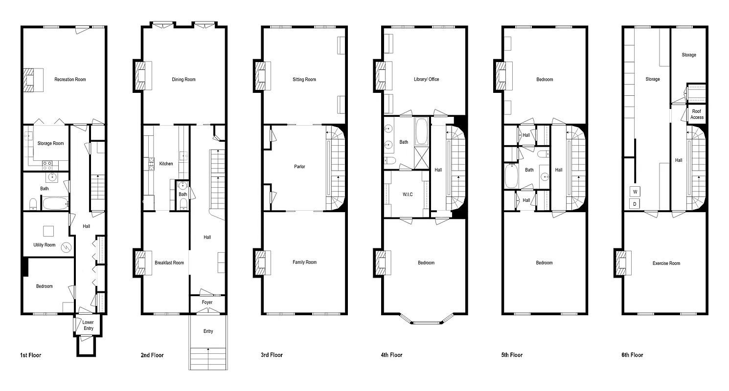 floorplan showing five floors of living space above a basement