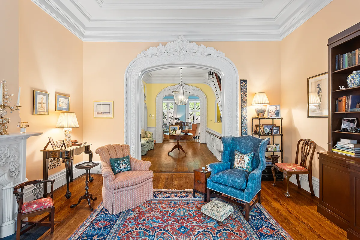 parlor with yellow striped wallpaper