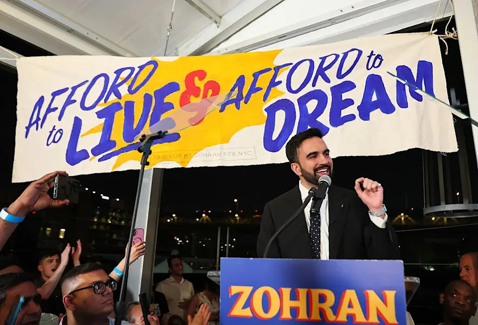 State Rep. Zohran Mamdani speaking to supporters at an election night gathering in Long Island City