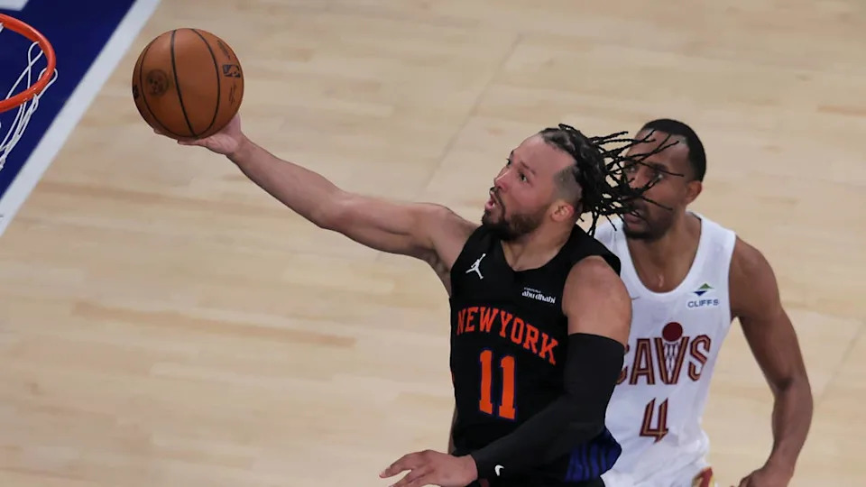 May 21, 2026; New York, New York, USA; New York Knicks guard <a class="link " href="https://sports.yahoo.com/nba/players/6044/" data-i13n="sec:content-canvas;subsec:anchor_text;elm:context_link" data-ylk="slk:Jalen Brunson;sec:content-canvas;subsec:anchor_text;elm:context_link;itc:0" data-yga="{"yLinkElement":"context_link","yModuleName":"content-canvas","yLinkText":"Jalen Brunson","ySubModuleName":"anchor_text","yHasCommerce":false}">Jalen Brunson</a> (11) shoots against Cleveland Cavaliers center <a class="link " href="https://sports.yahoo.com/nba/players/6514/" data-i13n="sec:content-canvas;subsec:anchor_text;elm:context_link" data-ylk="slk:Evan Mobley;sec:content-canvas;subsec:anchor_text;elm:context_link;itc:0" data-yga="{"yLinkElement":"context_link","yModuleName":"content-canvas","yLinkText":"Evan Mobley","ySubModuleName":"anchor_text","yHasCommerce":false}">Evan Mobley</a> (4) during the third quarter of game two of the eastern conference finals during the 2026 NBA at Madison Square Garden. Mandatory Credit: Brad Penner-Imagn Images© Brad Penner-Imagn Images&period;