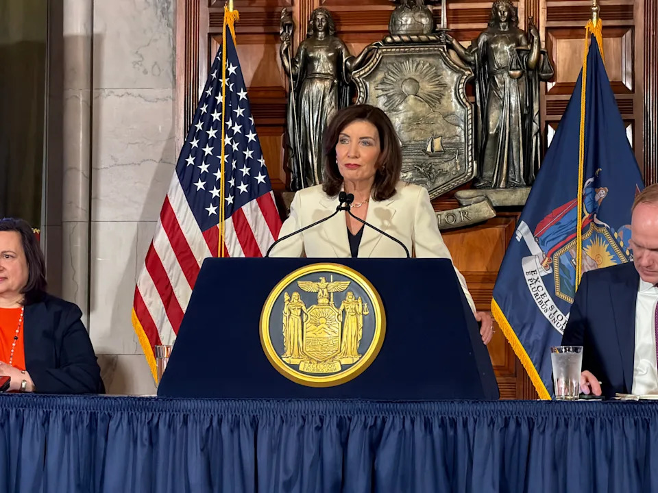 Gov. Kathy Hochul announced a budget deal has been reached inside the New York State Capitol's Red Room on Thursday, May 7, 2026.
