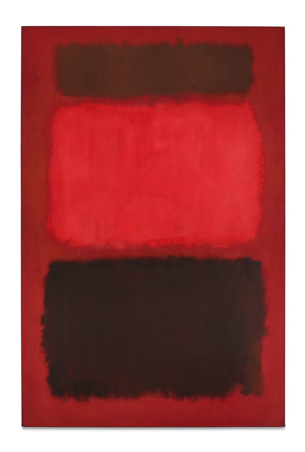 Abstract painting featuring layers of red and dark brown colors.