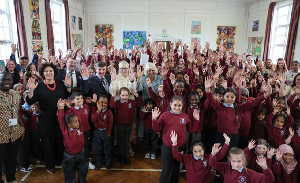 Camilla among the school pupils