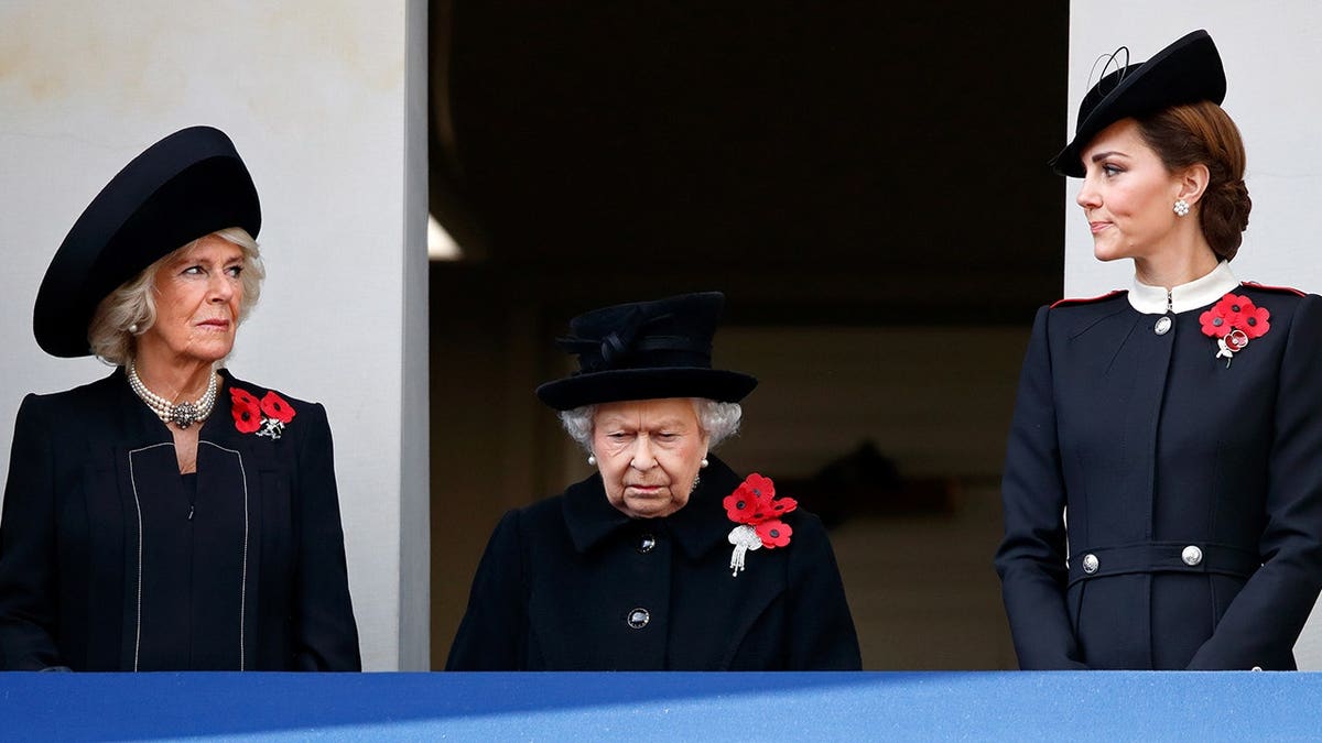 Camilla Duchess of Cornwall Queen Elizabeth II and Catherine Duchess of Cambridge standing at The Cenotaph in London