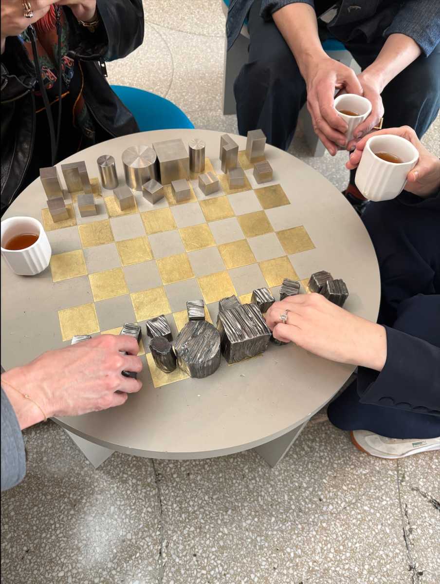 A chess set designed by Carol Bove.