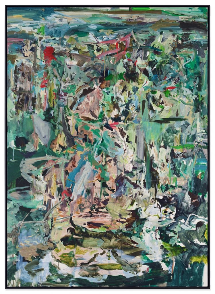 Large abstract painting filled with energetic, layered brushstrokes in predominantly green, teal, white, and earthy tones, with accents of red and pink. The composition is dense and gestural, with overlapping marks, drips, and smears creating a sense of movement and depth. Forms loosely suggest a landscape or foliage, though no clear subject is defined. The painting is framed and set against a plain wall.