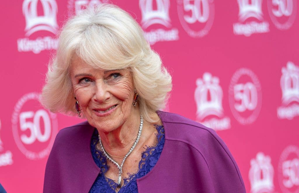 Queen Camilla close up in purple cape