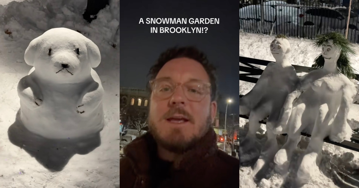 A Man Took A Stroll Through A Snowman Museum In Brooklyn man looking at snowmen