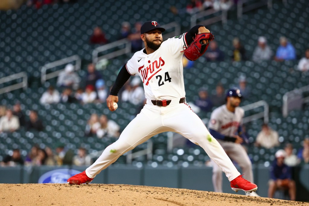 Simeon Woods Richardson #24 of the Minnesota Twins pitches during the game between the Houston Astros and the Minnesota Twins at Target Field on Monday, May 18, 2026 in Minneapolis, Minnesota.