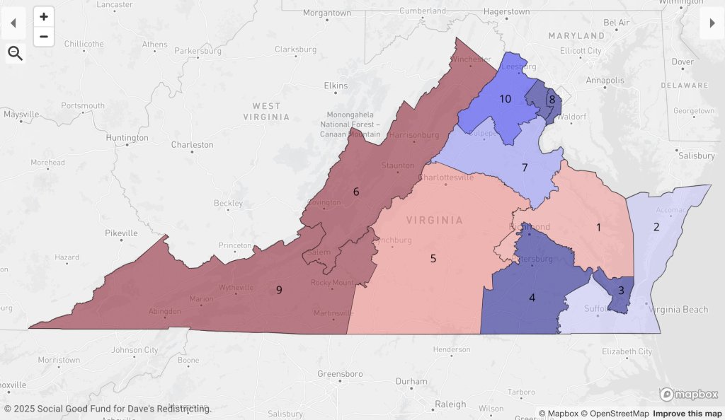 Map of Virginia's current congressional districts, with districts 1-7 in shades of red and 8-10 in shades of blue.