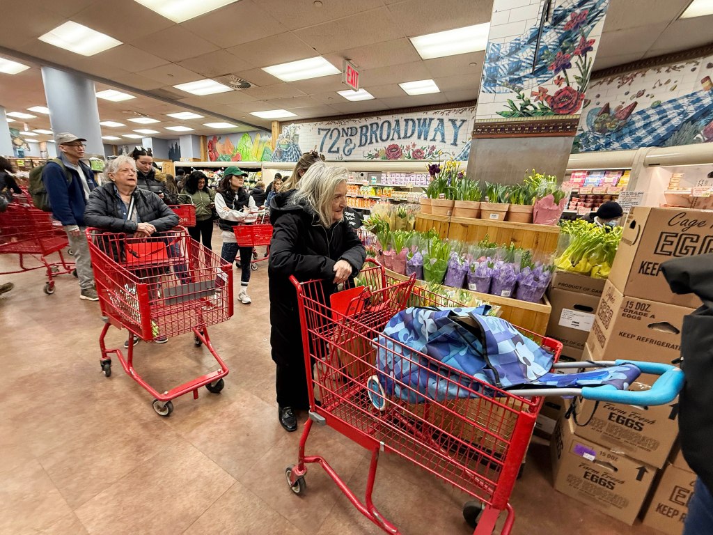 Customers line up for eggs at Trader Joe's in New York City.