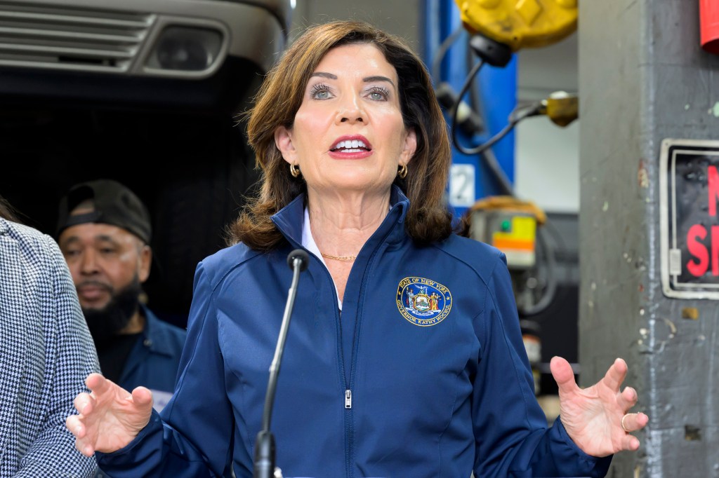 New York State Governor Kathy Hochul speaking about auto insurance costs.