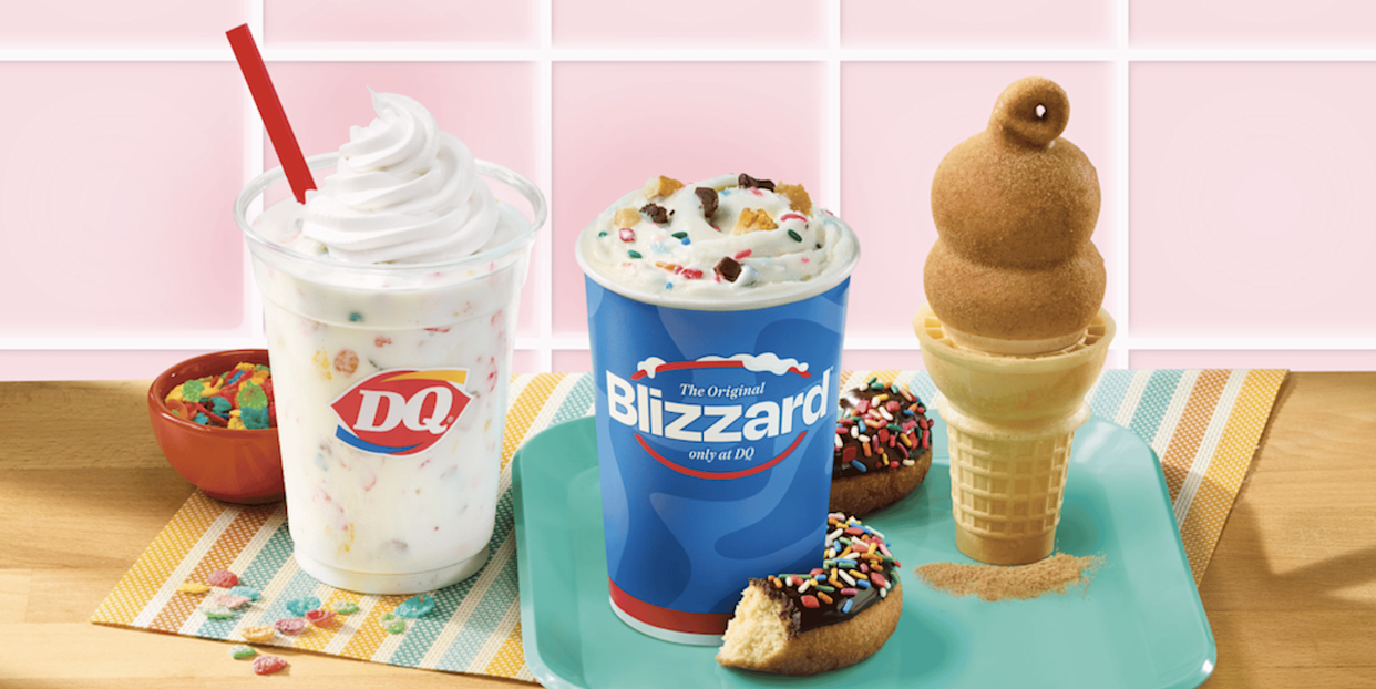 Variety of Dairy Queen treats including a Blizzard, a sundae, and a cone.