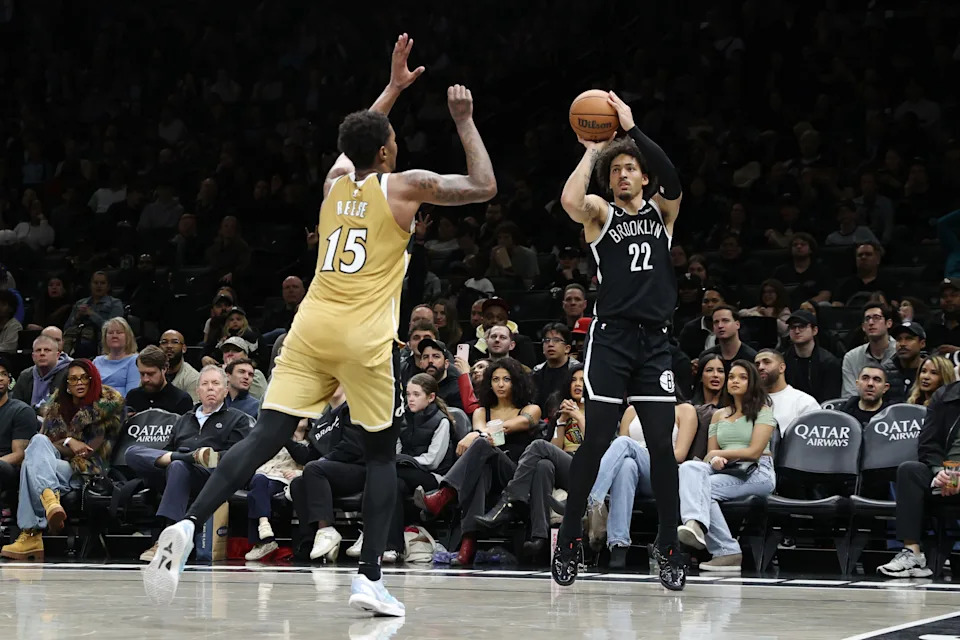 NEW YORK, NEW YORK – APRIL 05: Jalen Wilson #22 of the Brooklyn Nets shoots the ball against <a class="link " href="https://sports.yahoo.com/nba/players/10559/" data-i13n="sec:content-canvas;subsec:anchor_text;elm:context_link" data-ylk="slk:Julian Reese;sec:content-canvas;subsec:anchor_text;elm:context_link;itc:0" data-yga="{"yLinkElement":"context_link","yModuleName":"content-canvas","yLinkText":"Julian Reese","ySubModuleName":"anchor_text","yHasCommerce":false}">Julian Reese</a> #15 of the Washington Wizards during the second quarter at Barclays Center on April 05, 2026 in New York City. NOTE TO USER: User expressly acknowledges and agrees that, by downloading and or using this photograph, User is consenting to the terms and conditions of the Getty Images License Agreement. (Photo by Pamela Smith/Getty Images) | Getty Images