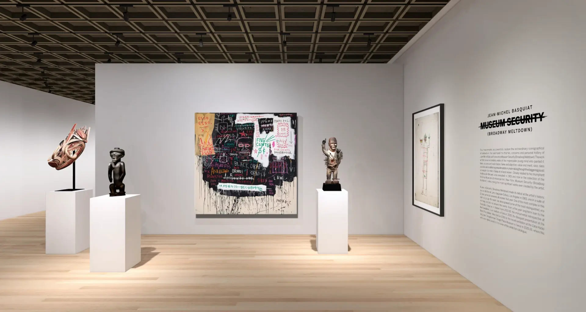 Art gallery interior featuring sculptures and paintings on display with white walls and a wooden floor.