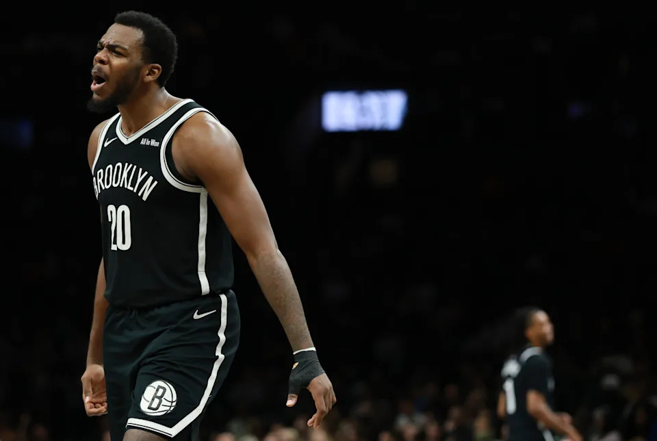 NEW YORK, NEW YORK – MARCH 09: Day'ron Sharpe #20 of the Brooklyn Nets reacts during the second half against the Memphis Grizzlies at Barclays Center on March 09, 2026 in the Brooklyn borough of New York City. The Nets won 126-115. NOTE TO USER: User expressly acknowledges and agrees that, by downloading and or using this photograph, User is consenting to the terms and conditions of the Getty Images License Agreement. (Photo by Sarah Stier/Getty Images) | Getty Images