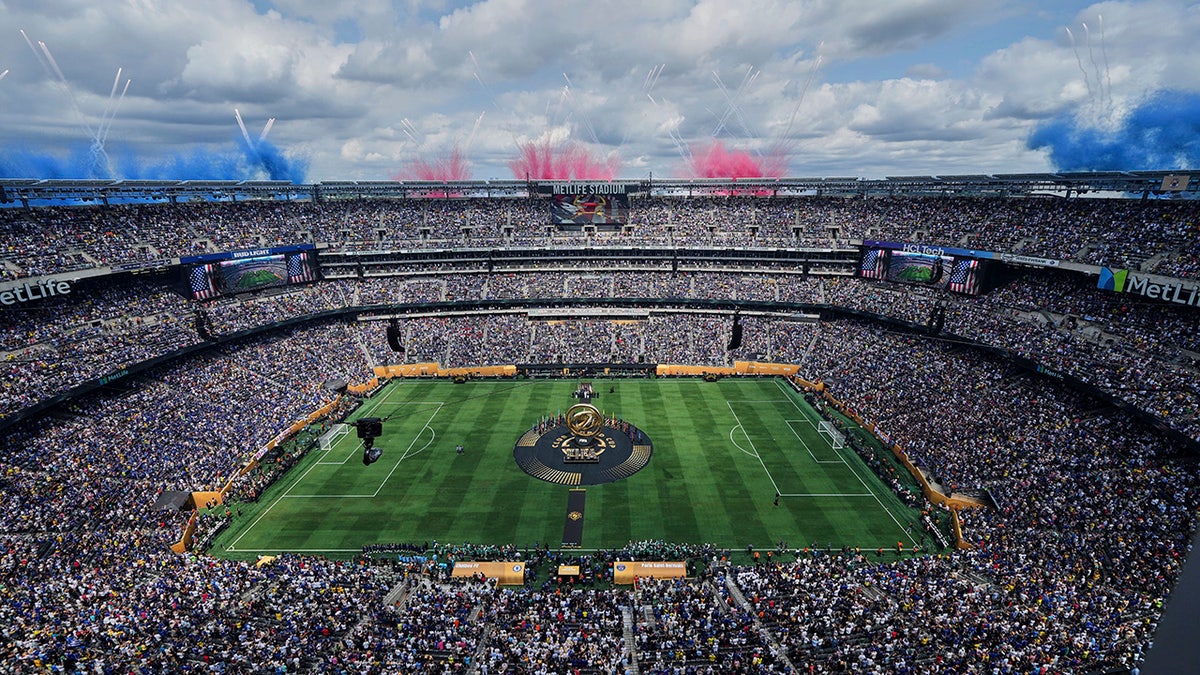 Fireworks exploding over Met Life Stadium in East Rutherford New Jersey