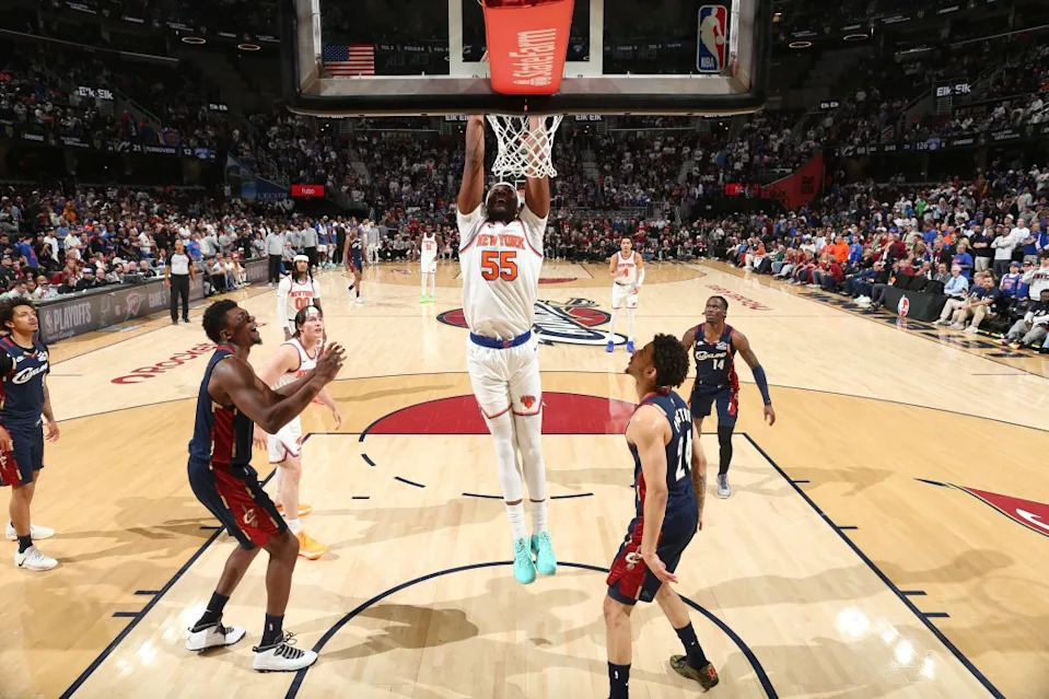 New York Knicks’ <a class="link " href="https://sports.yahoo.com/nba/players/10317/" data-i13n="sec:content-canvas;subsec:anchor_text;elm:context_link" data-ylk="slk:Ariel Hukporti;sec:content-canvas;subsec:anchor_text;elm:context_link;itc:0" data-yga="{"yLinkElement":"context_link","yModuleName":"content-canvas","yLinkText":"Ariel Hukporti","ySubModuleName":"anchor_text","yHasCommerce":false}">Ariel Hukporti</a> dunks the ball during the game against the Cleveland Cavaliers during Game Four of the 2026 Eastern Conference Finals on May 25, 2026, at Rocket Arena in Cleveland, Ohio. NBAE via Getty Images