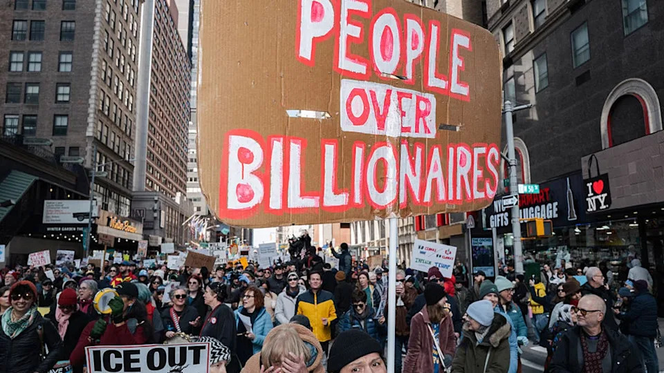 <div>Protesters participate in the ''No Kings'' national day of protest in New York, United States, on March 28, 2026. Nationwide demonstrations against US President Donald Trump are expected Saturday as people express opposition to his governance. It is the third time in less than a year that Americans will gather as part of a grassroots movement called ''No Kings,'' which has been a prominent platform for expressing dissent since Trump began his second term in January 2025. (Photo by Jerome Gilles/NurPhoto via Getty Images)</div>