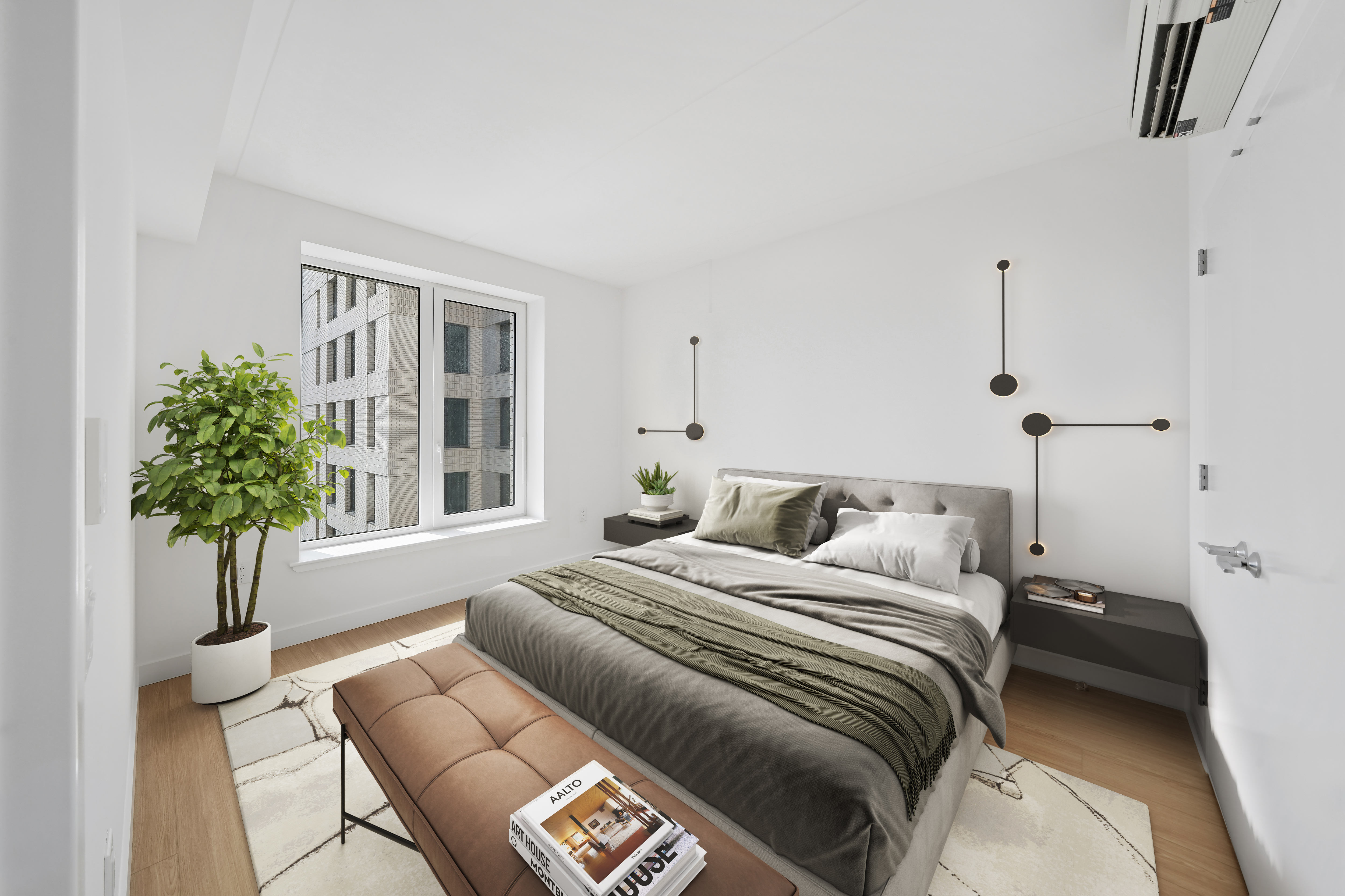 rendering of a bedroom with white walls