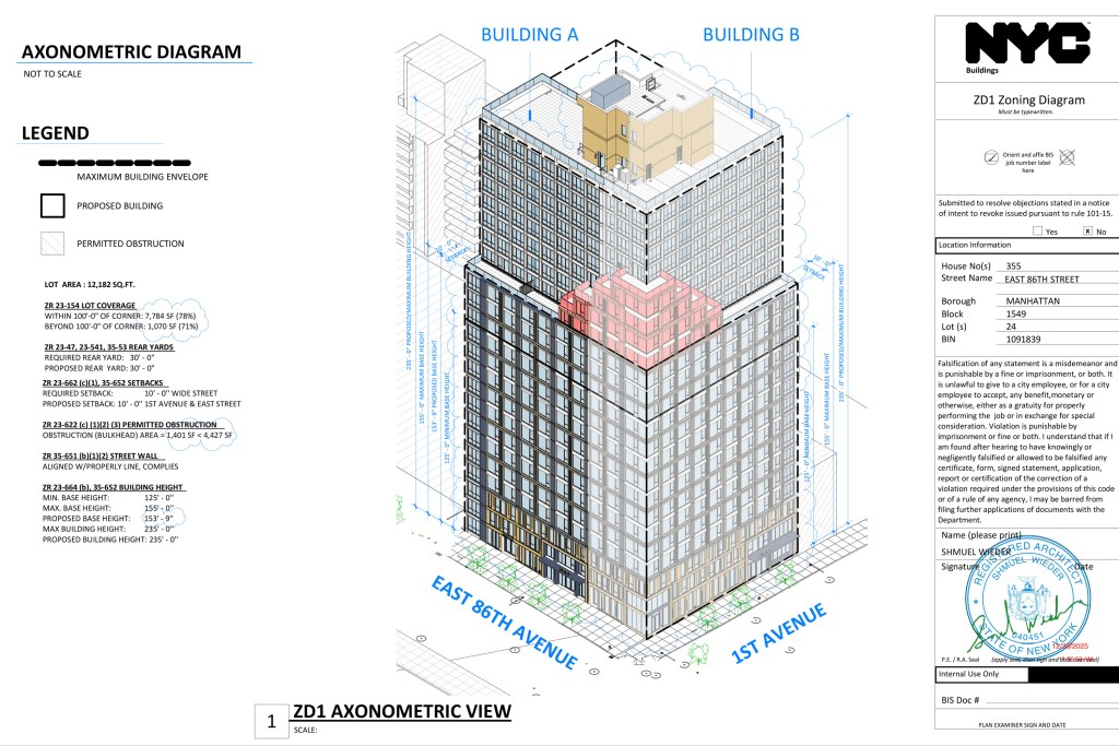 A blueprint for two connected buildings with 99 units each on East 86th Street