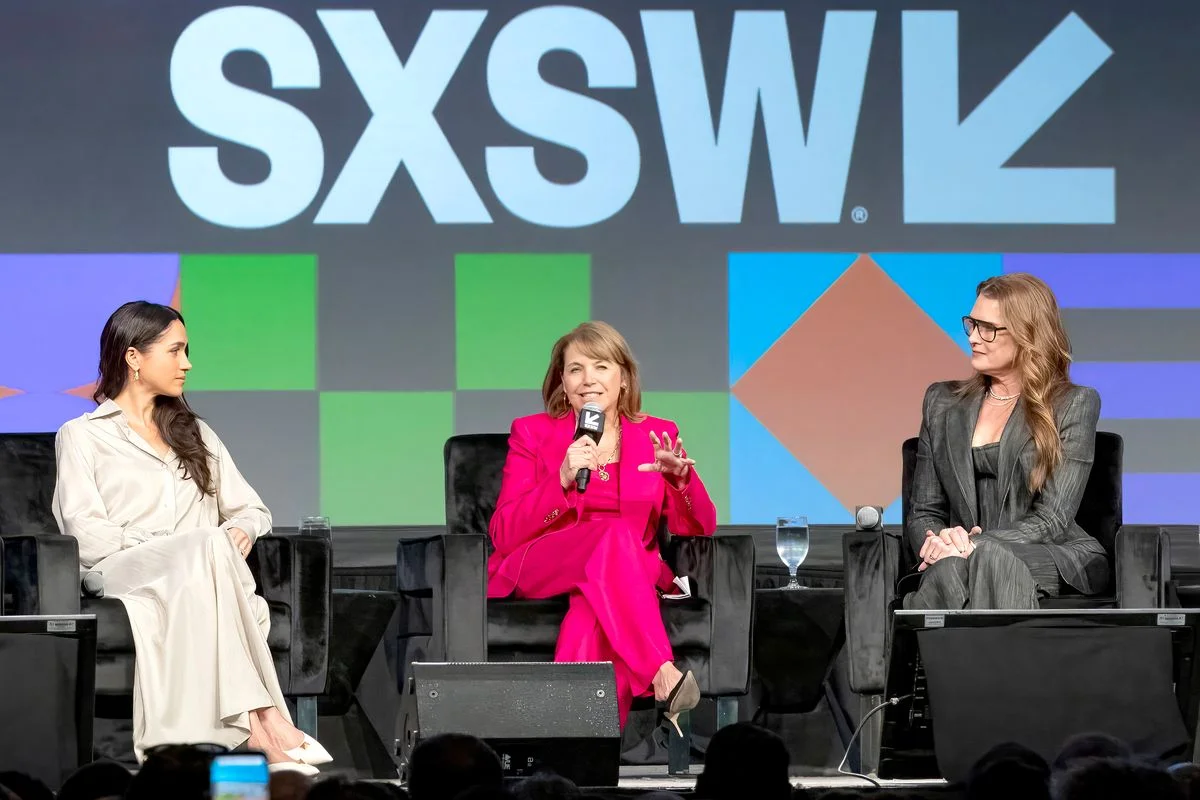 Meghan, Duchess of Sussex, Katie Couric and Brooke Shields speak onstage during the Breaking Barriers, Shaping Narratives: How Women Lead On and Off the Screen.