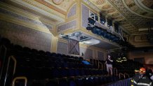 Officials inspect fire damage to Eugene O'Neill Theatre.